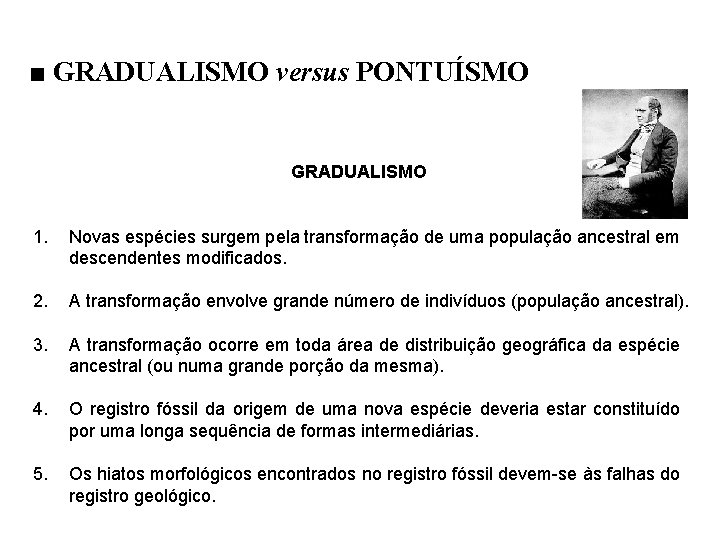 ■ GRADUALISMO versus PONTUÍSMO GRADUALISMO 1. Novas espécies surgem pela transformação de uma população