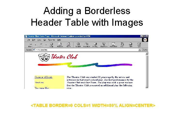 Adding a Borderless Header Table with Images border width relative to window <TABLE BORDER=0