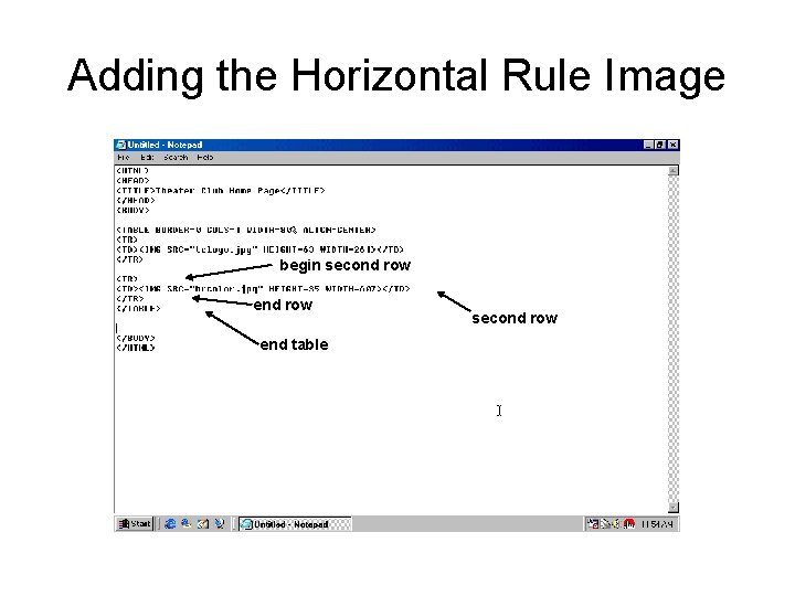 Adding the Horizontal Rule Image begin second row end table second row 