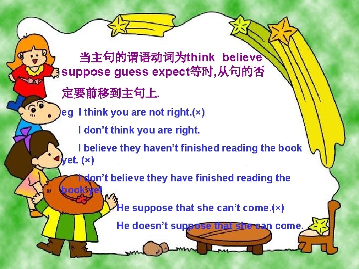  当主句的谓语动词为think believe suppose guess expect等时, 从句的否 定要前移到主句上. eg I think you are not