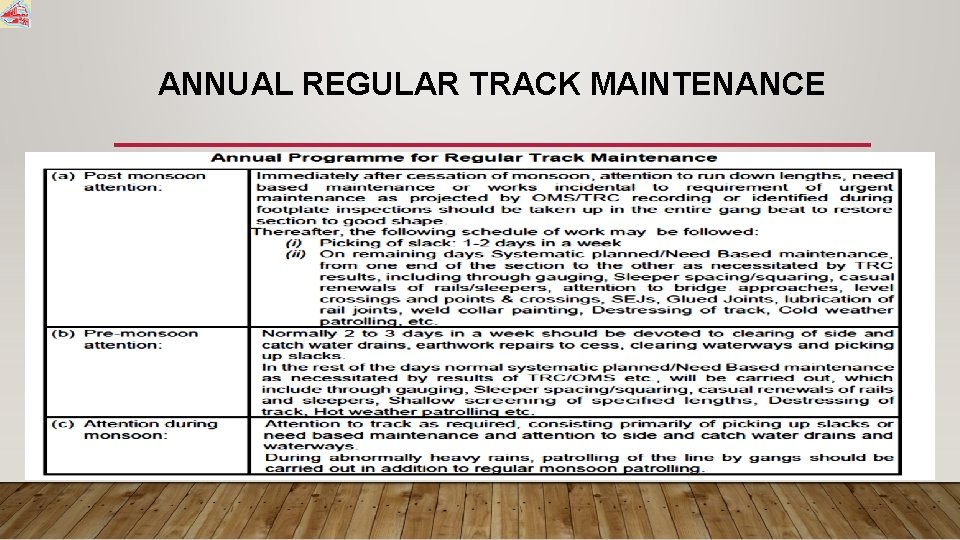 ANNUAL REGULAR TRACK MAINTENANCE 