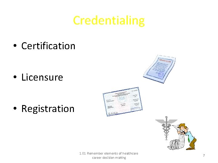 Credentialing • Certification • Licensure • Registration 1. 01 Remember elements of healthcareer decision