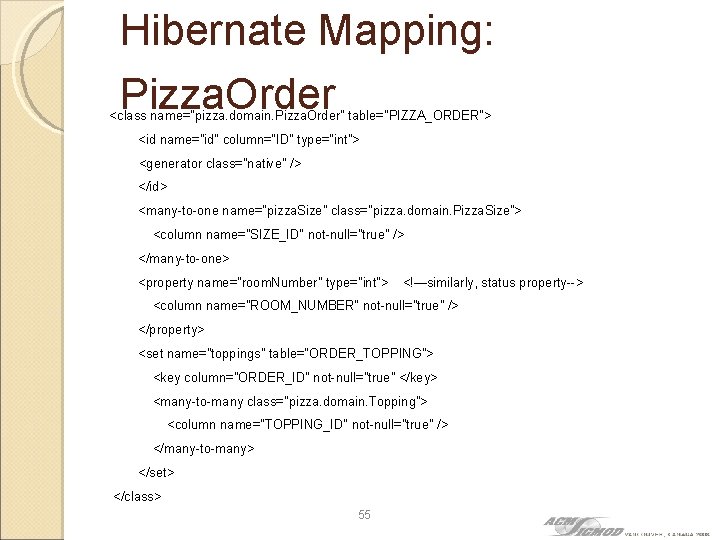 Hibernate Mapping: Pizza. Order <class name="pizza. domain. Pizza. Order" table="PIZZA_ORDER"> <id name="id" column=“ID” type="int">