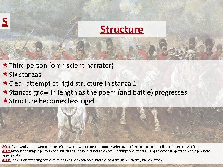 S Structure «Third person (omniscient narrator) «Six stanzas «Clear attempt at rigid structure in