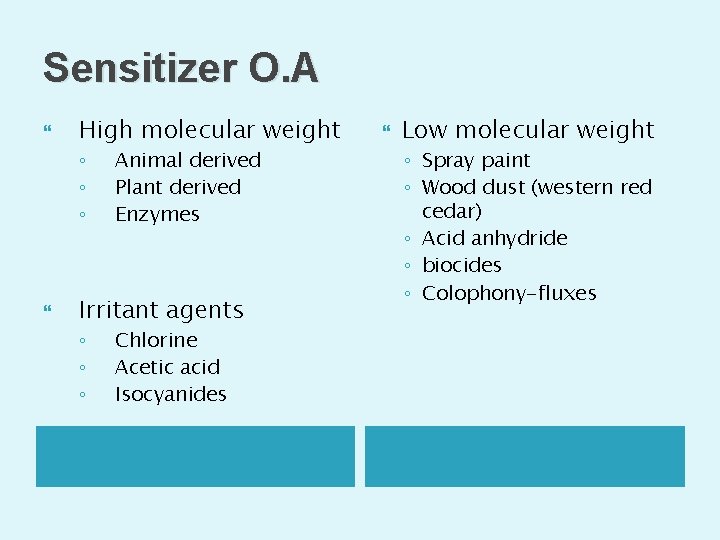 Sensitizer O. A High molecular weight ◦ ◦ ◦ Animal derived Plant derived Enzymes