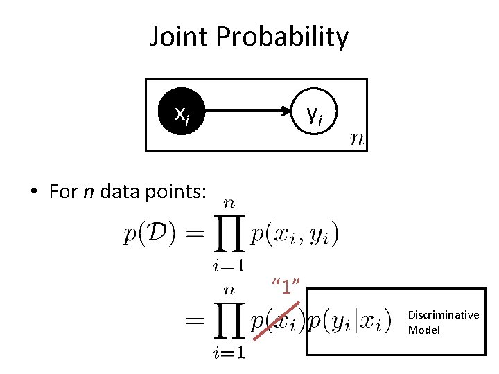 Joint Probability xi yi • For n data points: “ 1” Discriminative Model  Joint Probability xi yi • For n data points: “ 1” Discriminative Model