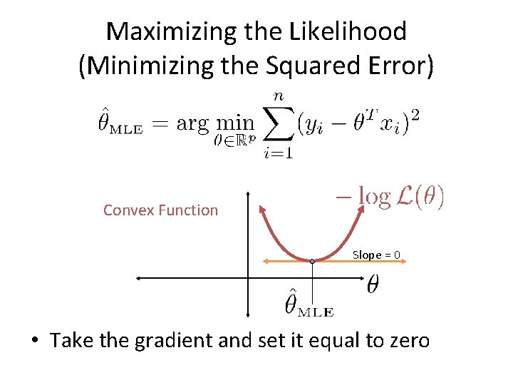 Maximizing the Likelihood (Minimizing the Squared Error) Convex Function Slope = 0 • Take Maximizing the Likelihood (Minimizing the Squared Error) Convex Function Slope = 0 • Take