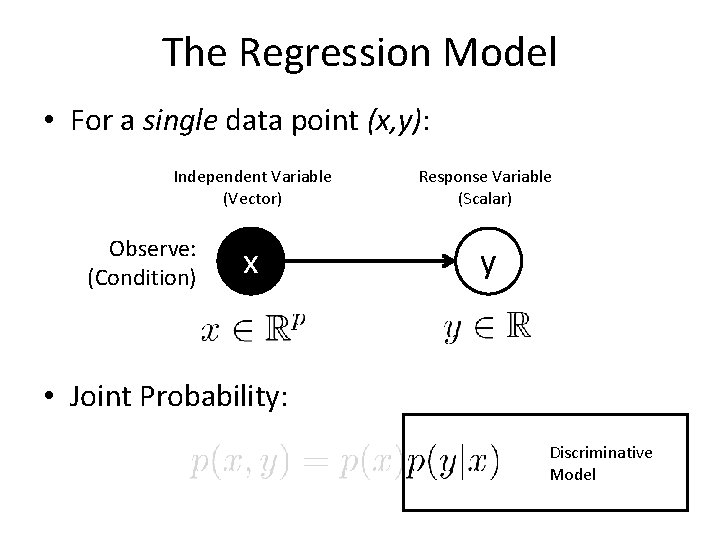 The Regression Model • For a single data point (x, y): Independent Variable (Vector) The Regression Model • For a single data point (x, y): Independent Variable (Vector)