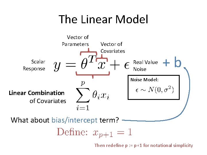 The Linear Model Vector of Parameters Vector of Covariates Scalar Response Real Value Noise The Linear Model Vector of Parameters Vector of Covariates Scalar Response Real Value Noise