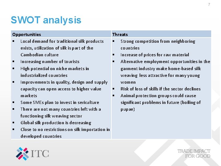 7 SWOT analysis Opportunities Local demand for traditional silk products exists, utilization of silk