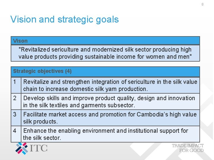 8 Vision and strategic goals Vison "Revitalized sericulture and modernized silk sector producing high