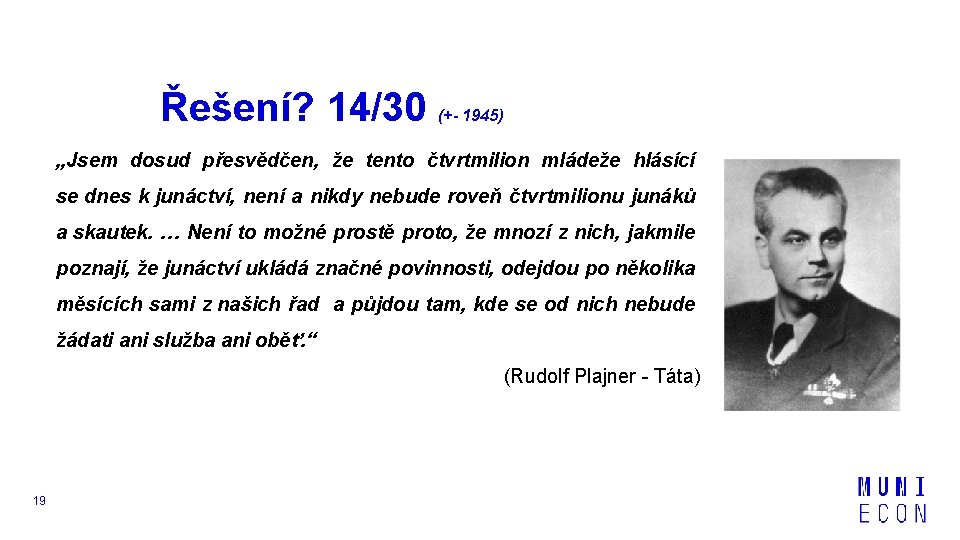 Řešení? 14/30 (+- 1945) „Jsem dosud přesvědčen, že tento čtvrtmilion mládeže hlásící se dnes