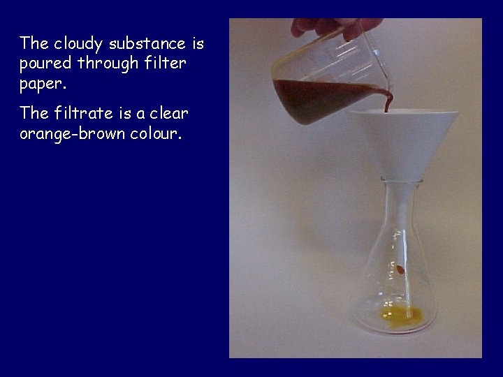 The cloudy substance is poured through filter paper. The filtrate is a clear orange-brown