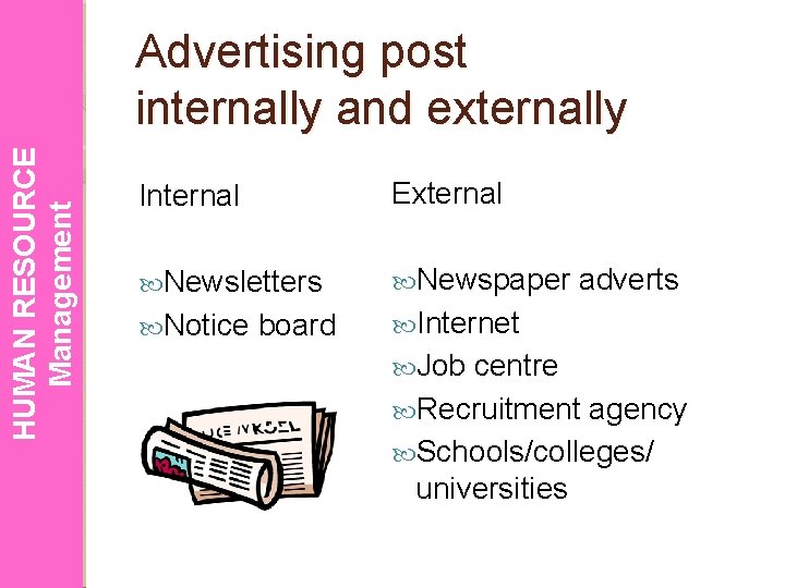 HUMAN RESOURCE Management Advertising post internally and externally Internal External Newsletters Newspaper Notice Internet