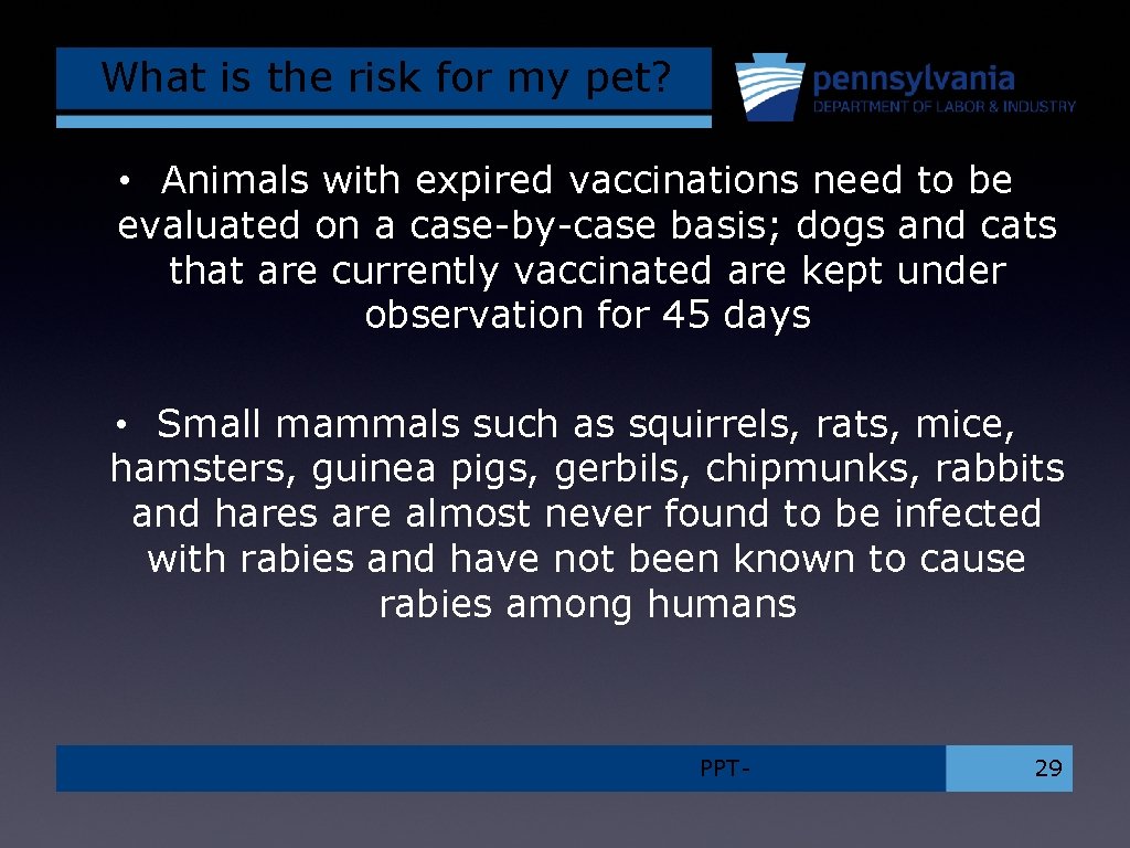 What is the risk for my pet? • Animals with expired vaccinations need to