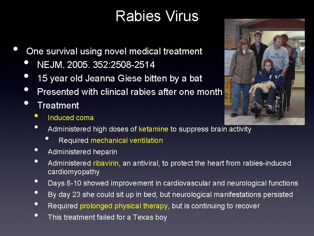 Rabies Virus • One survival using novel medical treatment NEJM. 2005. 352: 2508 -2514