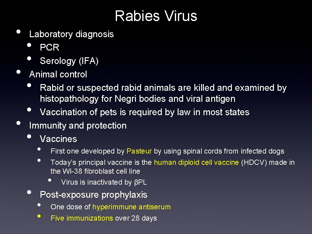  • • • Rabies Virus Laboratory diagnosis PCR Serology (IFA) Animal control Rabid