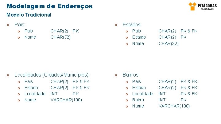 Modelagem de Endereços Modelo Tradicional » o Pais o Nome » » Pais: CHAR(2)