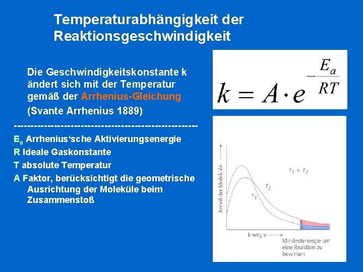 Temperaturabhängigkeit der Reaktionsgeschwindigkeit Die Geschwindigkeitskonstante k ändert sich mit der Temperatur gemäß der Arrhenius-Gleichung