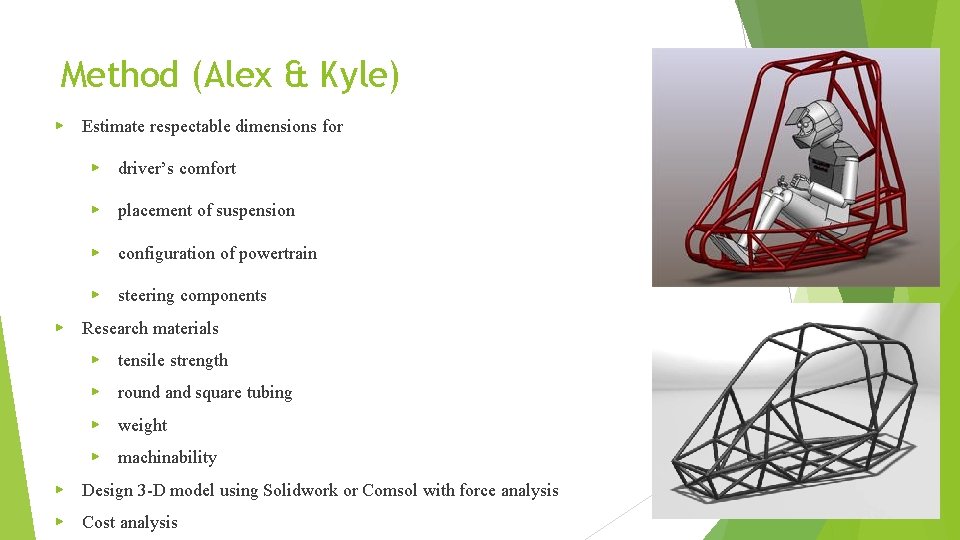 Method (Alex & Kyle) ▶ Estimate respectable dimensions for ▶ driver’s comfort ▶ placement