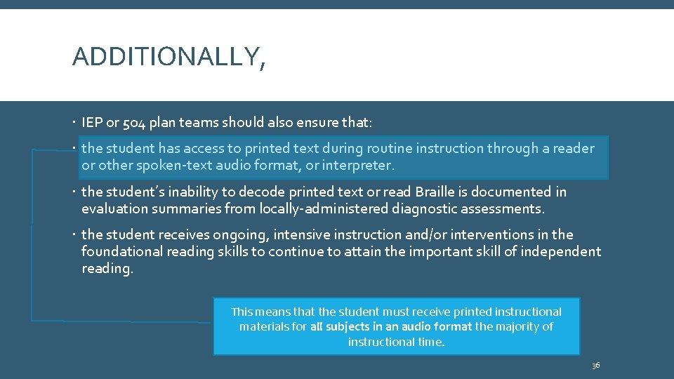 ADDITIONALLY, IEP or 504 plan teams should also ensure that: the student has access