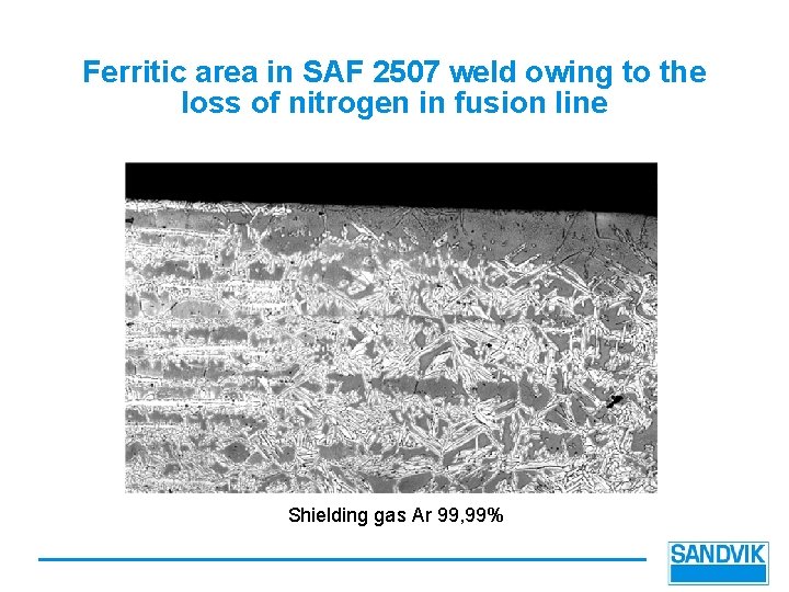 Ferritic area in SAF 2507 weld owing to the loss of nitrogen in fusion