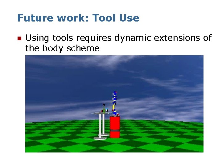 Future work: Tool Use n Using tools requires dynamic extensions of the body scheme