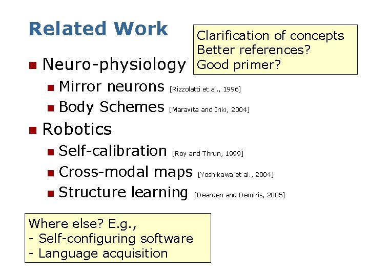 Related Work n Neuro-physiology Mirror neurons n Body Schemes n n Clarification of concepts