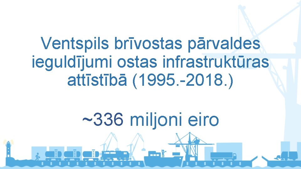 Ventspils brīvostas pārvaldes ieguldījumi ostas infrastruktūras attīstībā (1995. -2018. ) ~336 miljoni eiro 