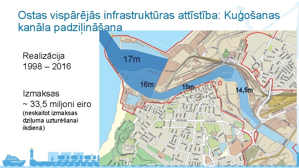 Ostas vispārējās infrastruktūras attīstība: Kuģošanas kanāla padziļināšana Realizācija 1998 – 2016 Izmaksas ~ 33,