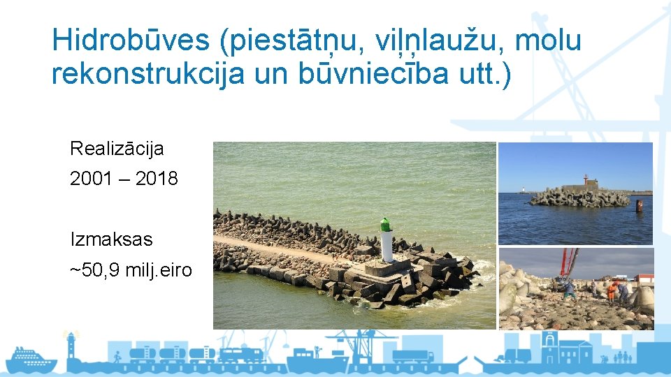 Hidrobūves (piestātņu, viļņlaužu, molu rekonstrukcija un būvniecība utt. ) Realizācija 2001 – 2018 Izmaksas