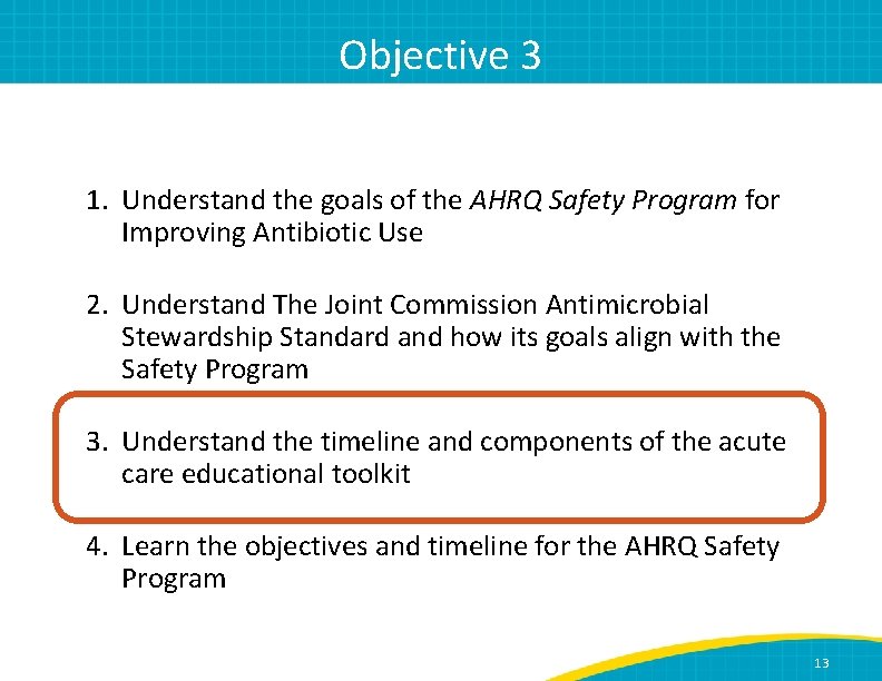 Objective 3 1. Understand the goals of the AHRQ Safety Program for Improving Antibiotic