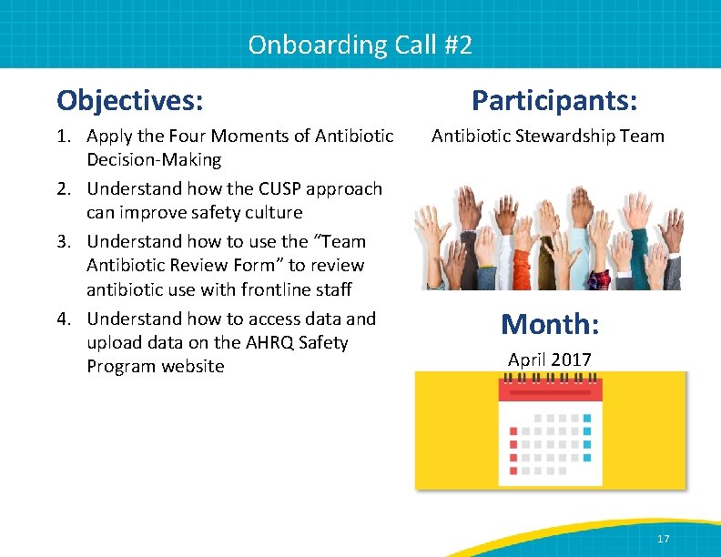 Onboarding Call #2 Objectives: 1. Apply the Four Moments of Antibiotic Decision-Making 2. Understand