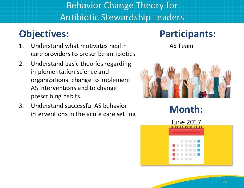 Behavior Change Theory for Antibiotic Stewardship Leaders Objectives: 1. 2. 3. Understand what motivates