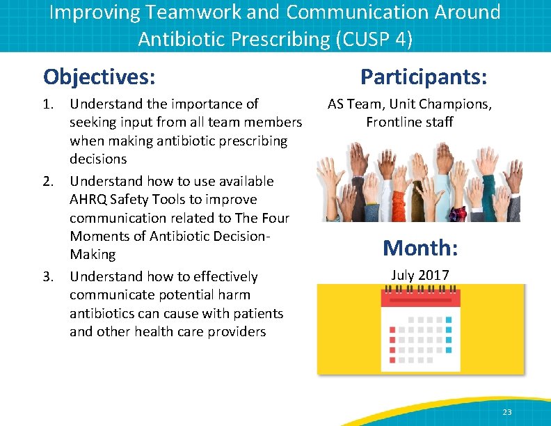 Improving Teamwork and Communication Around Antibiotic Prescribing (CUSP 4) Objectives: 1. 2. 3. Understand