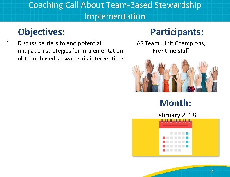 Coaching Call About Team-Based Stewardship Implementation Objectives: 1. Discuss barriers to and potential mitigation