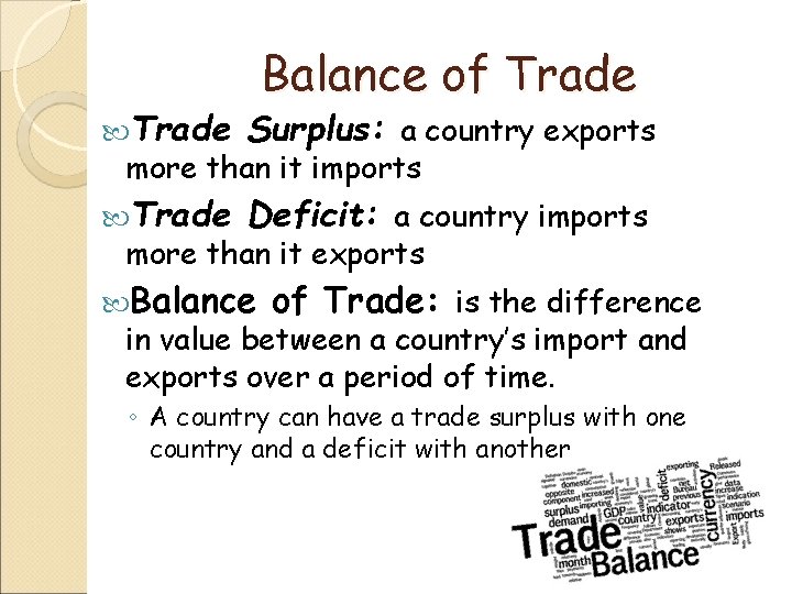 Balance of Trade Surplus: a country exports Trade Deficit: a country imports more than