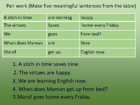 Pair work (Make five meaningful sentences from the table) A stich in time are
