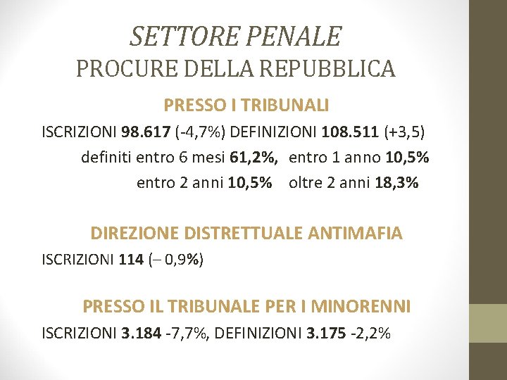 SETTORE PENALE PROCURE DELLA REPUBBLICA PRESSO I TRIBUNALI ISCRIZIONI 98. 617 (-4, 7%) DEFINIZIONI