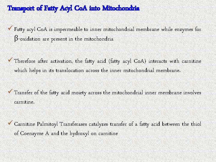 Transport of Fatty Acyl Co. A into Mitochondria ü Fatty acyl Co. A is
