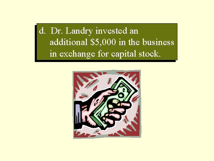 d. Dr. Landry invested an additional $5, 000 in the business in exchange for