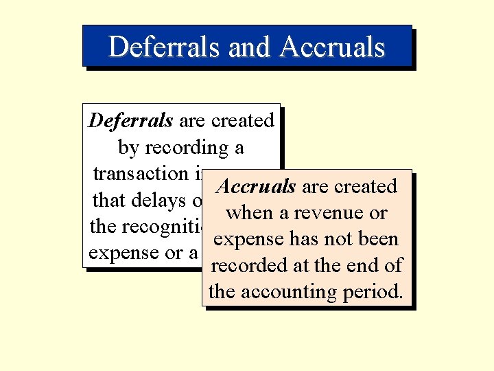 Deferrals and Accruals Deferrals are created by recording a transaction in a way Accruals