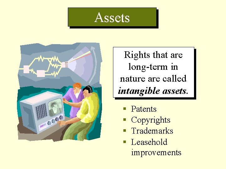 Assets Rights that are long-term in nature are called intangible assets. § § Patents