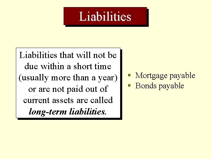 Liabilities that will not be due within a short time (usually more than a