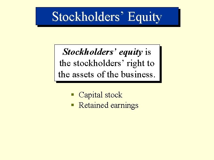Stockholders’ Equity Stockholders’ equity is the stockholders’ right to the assets of the business.