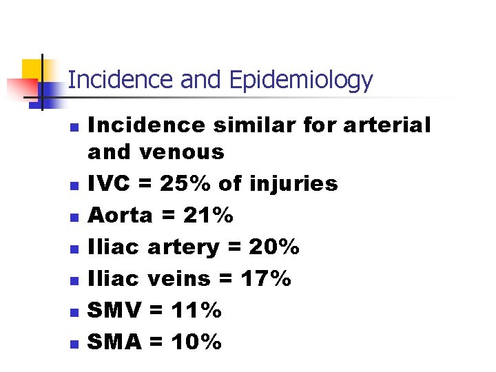 Incidence and Epidemiology n n n n Incidence similar for arterial and venous IVC