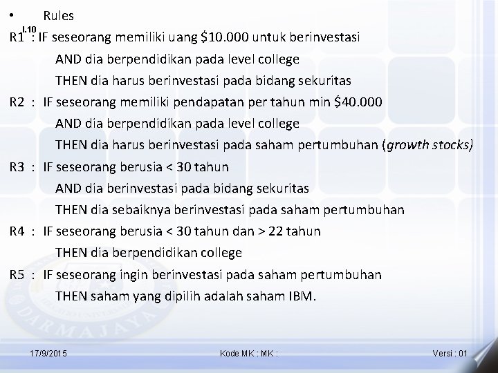  • Rules I. 10 R 1 : IF seseorang memiliki uang $10. 000