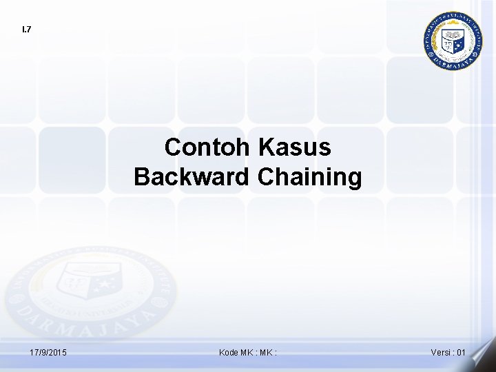 I. 7 Contoh Kasus Backward Chaining 17/9/2015 Kode MK : Versi : 01 