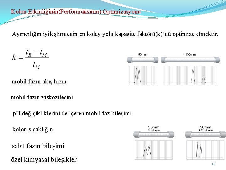 Kolon Etkinliğinin(Performansının) Optimizasyonu İyi bir ayırma için temel büyüklükler : , k ve N