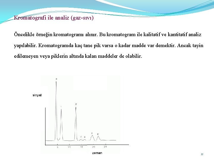 Kromatografi ile analiz (gaz-sıvı) Öncelikle örneğin kromatogramı alınır. Bu kromatogram ile kalitatif ve kantitatif